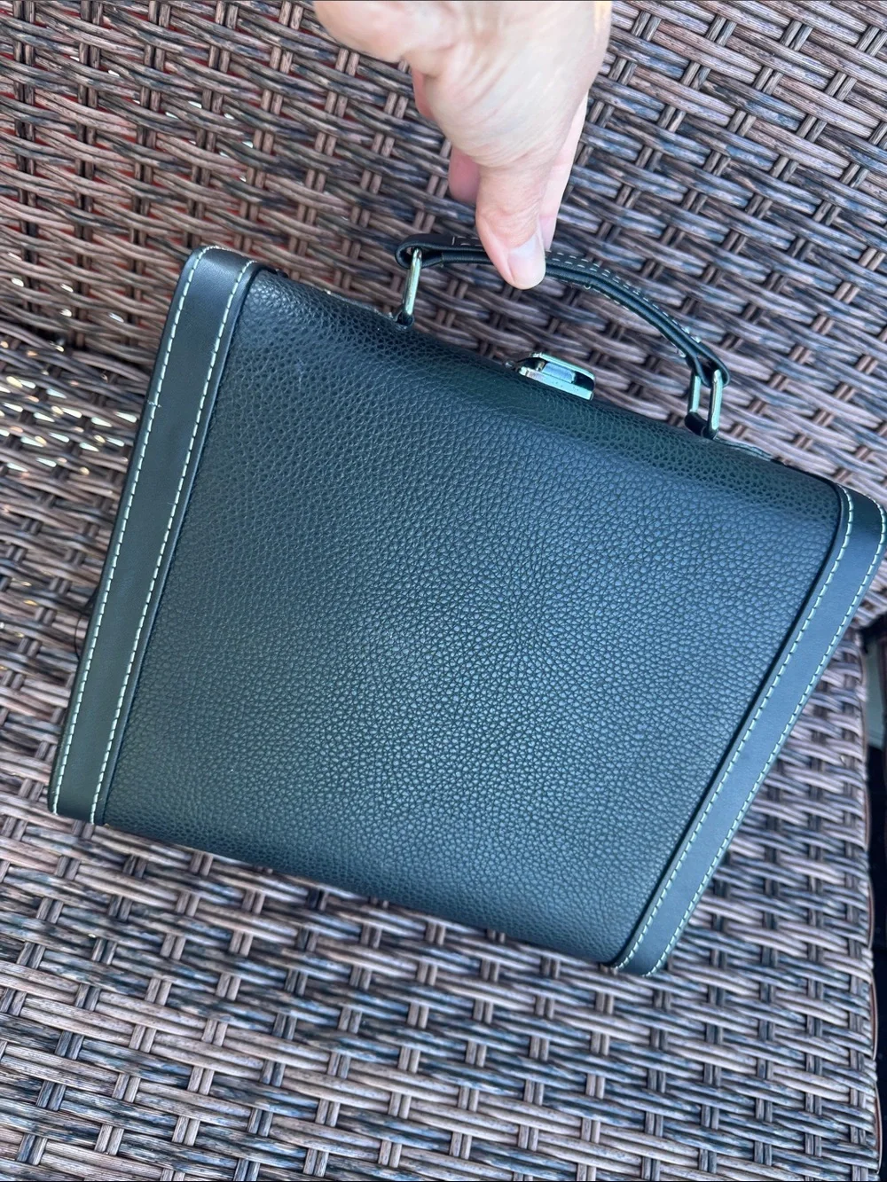 Compact Black Faux Leather Train Case with Top Handle for storage
